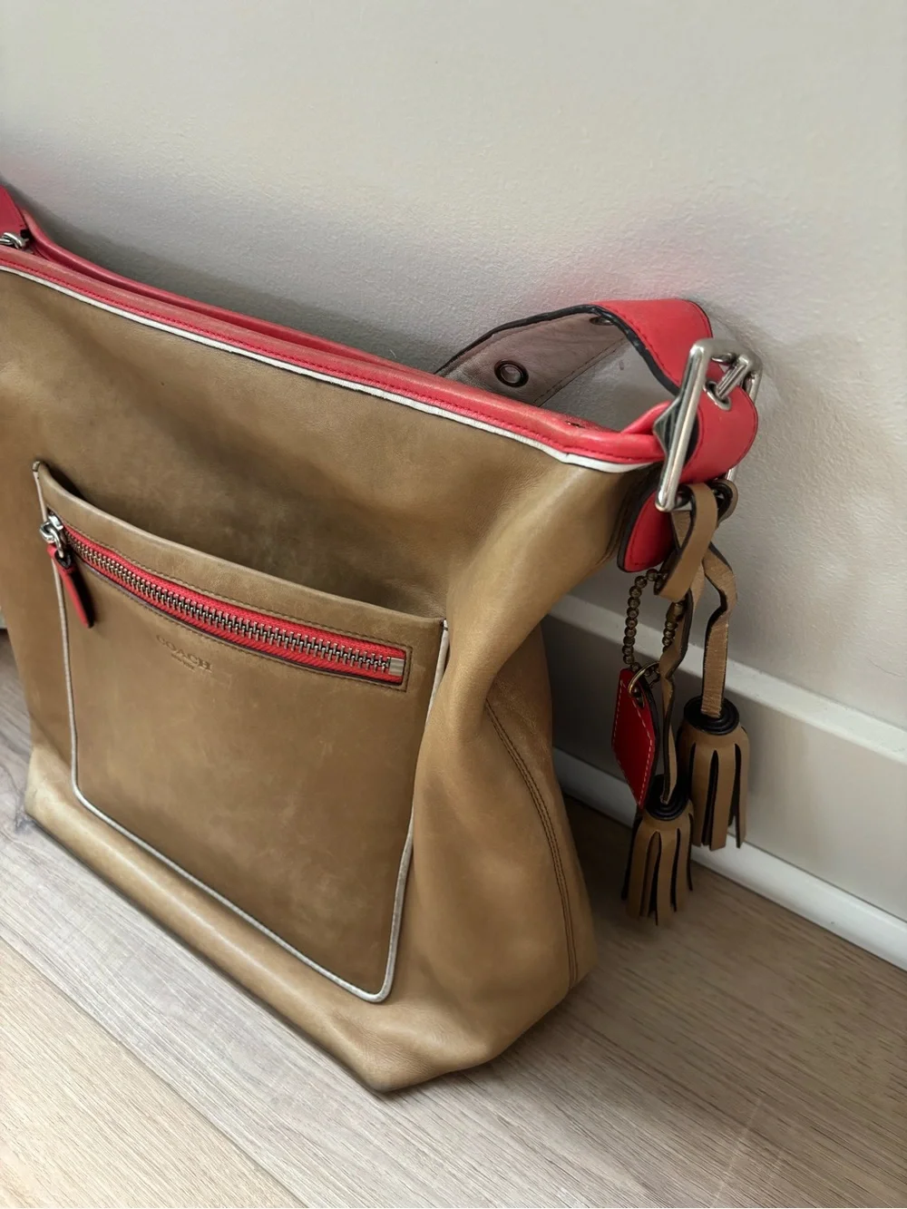 Coach Legacy Tan Leather Crossbody Bag with Coral Trim Purse